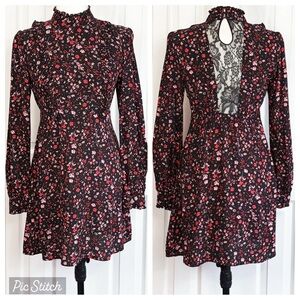 Express Black & Red Floral Ruffle High Neck Lace Inset Mini Dress 4